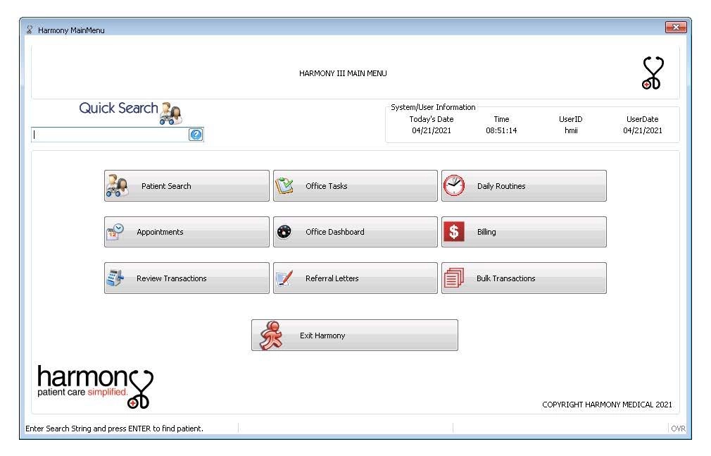 Harmony-eNotes-EHR-Software-Main-Menu