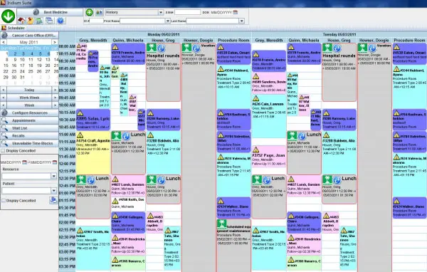 Iridium Suite software - patient scheduling dashboard screenshot.