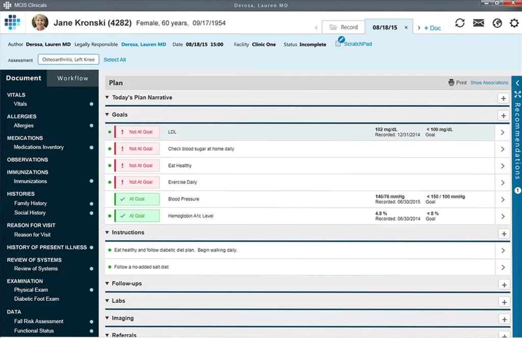 MCIS Clinicals EMR software patient's chart and treatment plan overview screenshot.