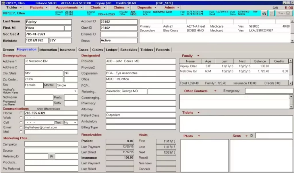 MDoffice EMR software showing patient registration and insurance profile dashboard.