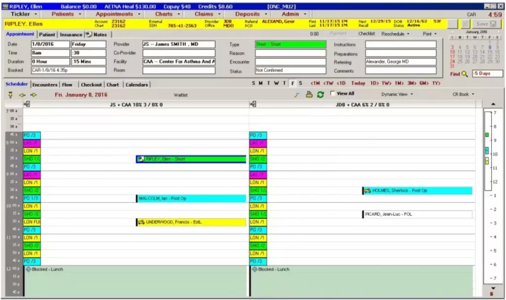 MDoffice EMR software showing provider timelines and patient appointment slots.