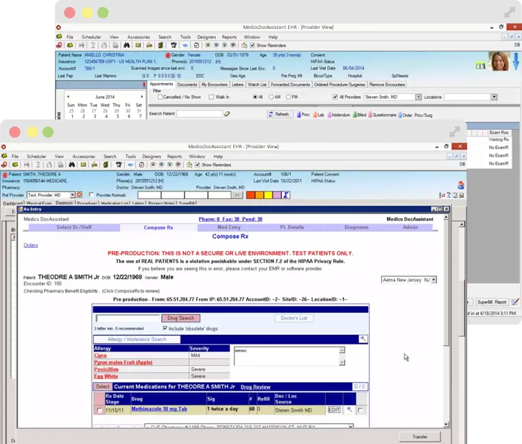 MedicsPremier EMR Software showing patient management dashboard.