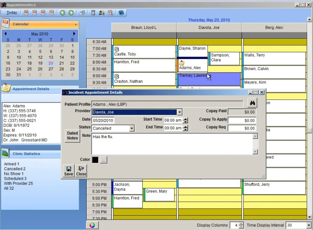 PlanetRehab EHR software patient incident appointment, and cancellation details dashboard screenshot.