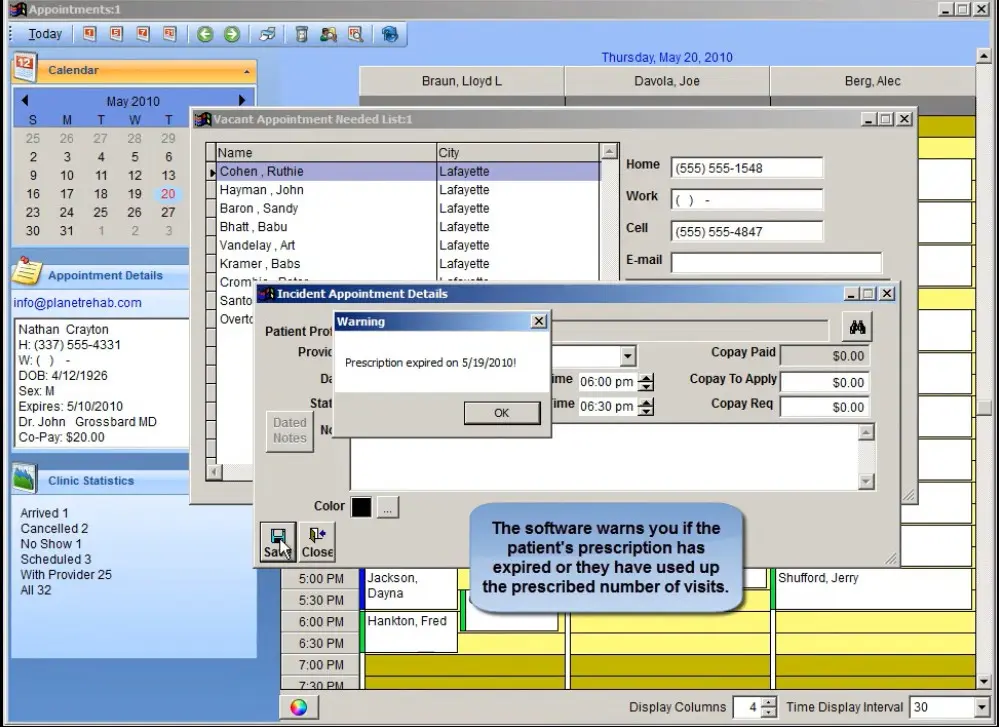 PlanetRehab EHR software prescription expiration alert and patient scheduling dashboard screenshot.