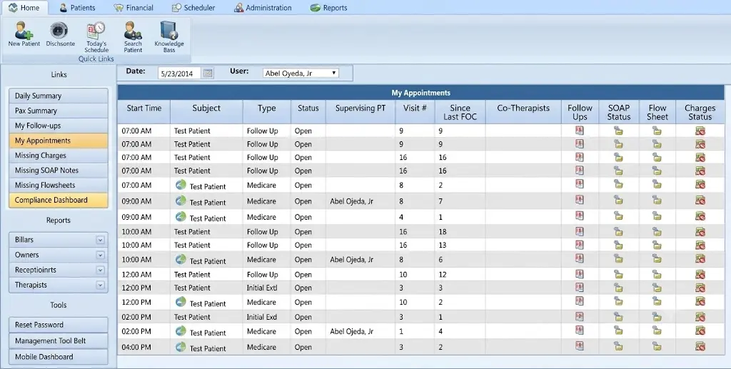 Medical appointment dashboard showing a grid of patient visits with time, status, and follow-up columns; left navigation and top menu visible.