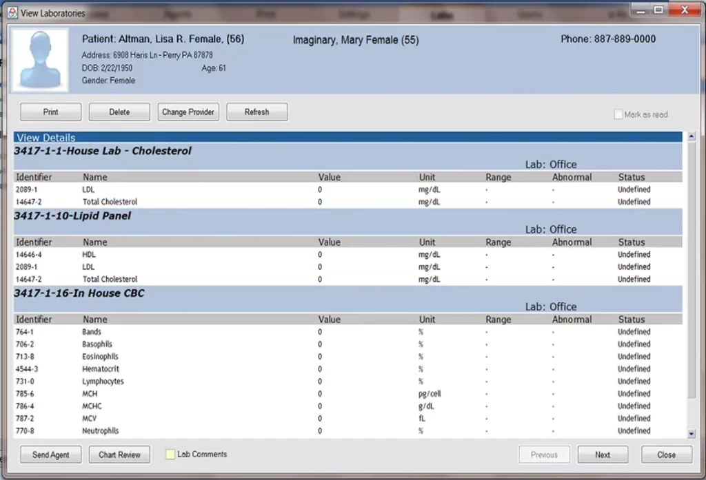 Praxis EMR software displays patient laboratory results and health status interface screenshot.