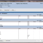 Praxis EMR software displays patient laboratory results and health status interface screenshot.