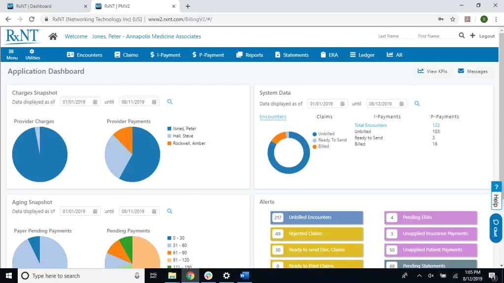 RXNT EMR software application dashboard showing charts and alerts screenshot.