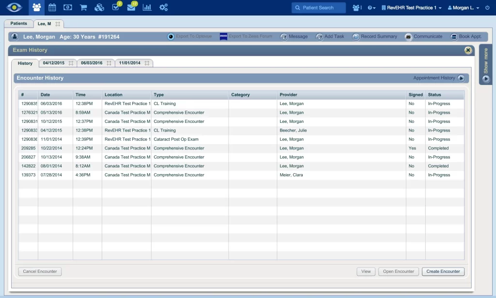 RevolutionEHR software patient examination list detail, and completion status interface screenshot.