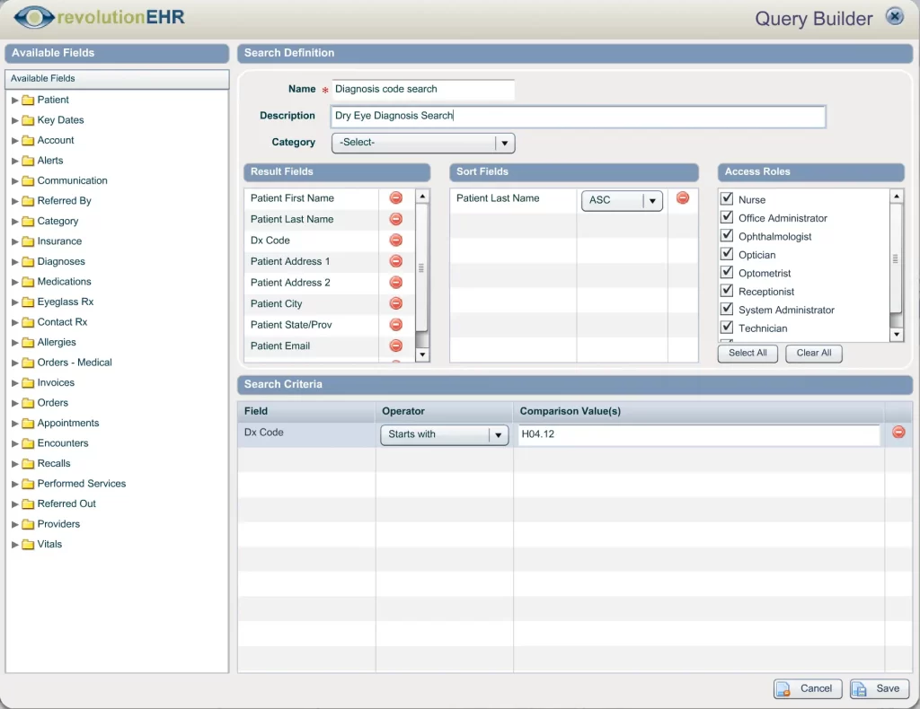 RevolutionEHR software diagnosis search setup dashboard screenshot.