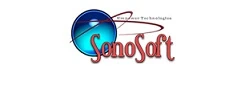 Senosoft logo featuring a blue globe with a red swoosh and stylized red wordmark