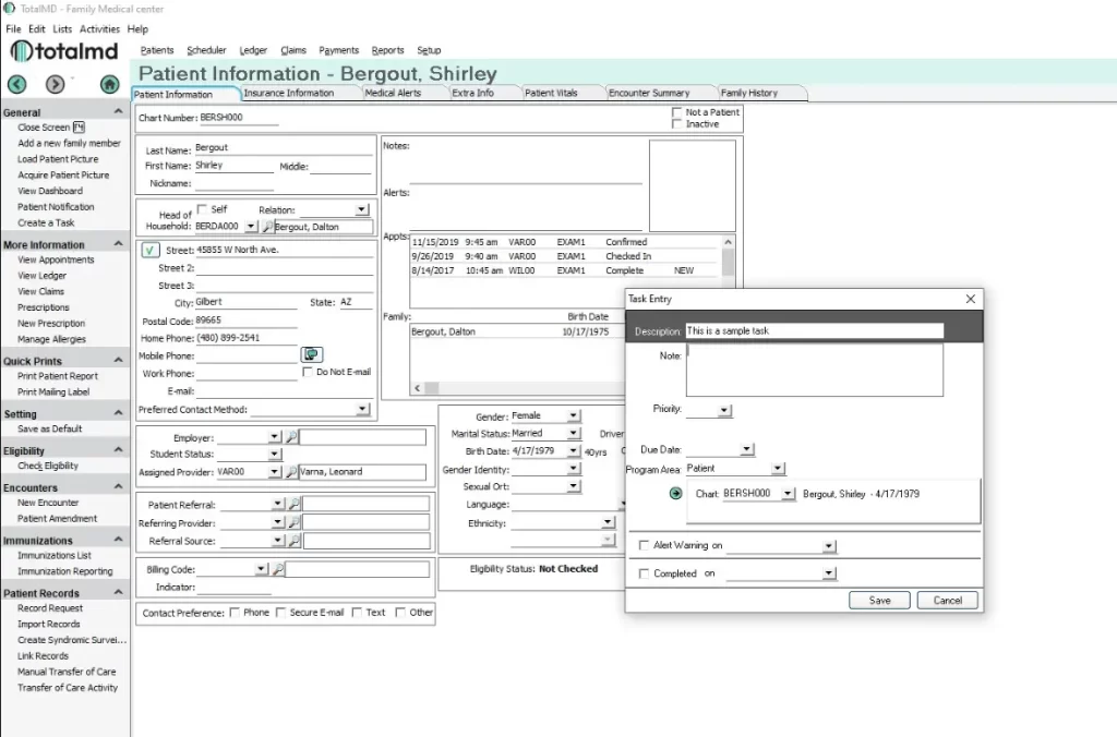 TotalMD EMR software demo showing patient demographic info, appointment history, and task entry form pop-up.