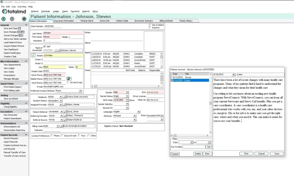 TotalMD EMR software patient data and journal note dashboard screenshot.