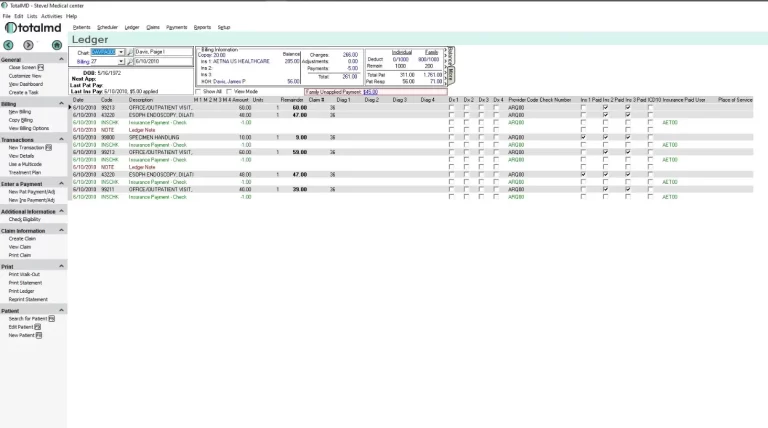 TotalMD EMR software patient ledger, billing details and transaction record dashboard screenshot.