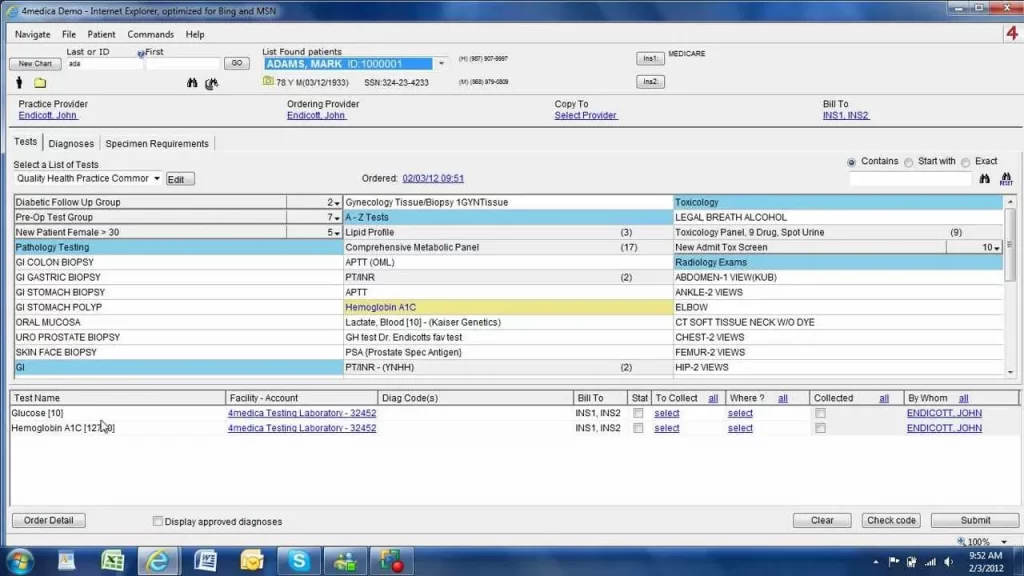 Screenshot image of 4medica iEHR Software showing doctor details and lab tests order.