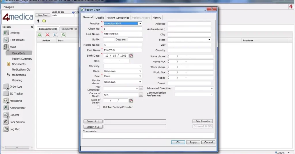 4medica iEHR software patient chart form interface screenshot.