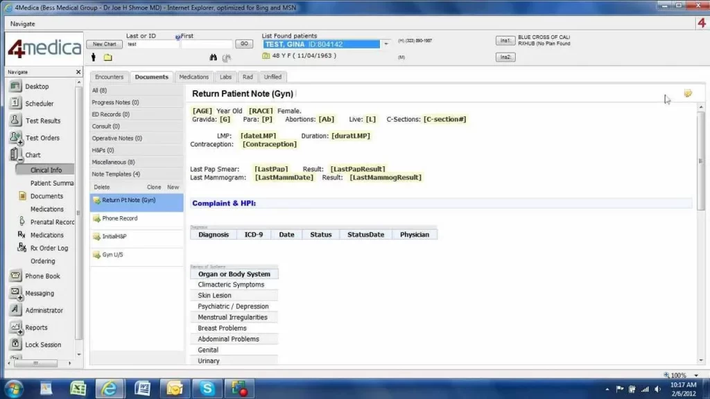 4medica iEHR software patient chart and records dashboard interface screenshot.