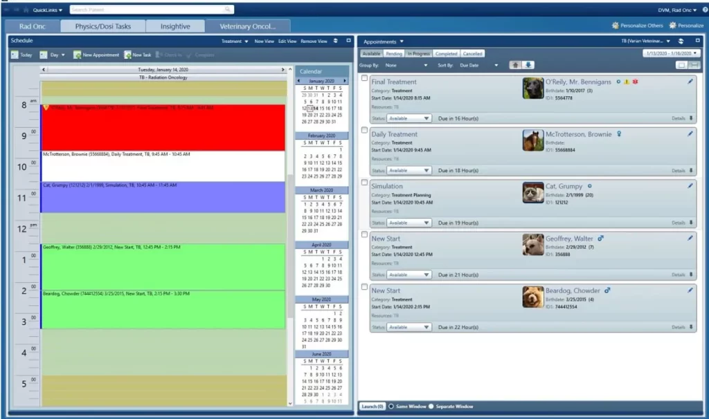 ARIA oncology EMR software patient appointments and treatment tasks and statuses dashboard screenshot.
