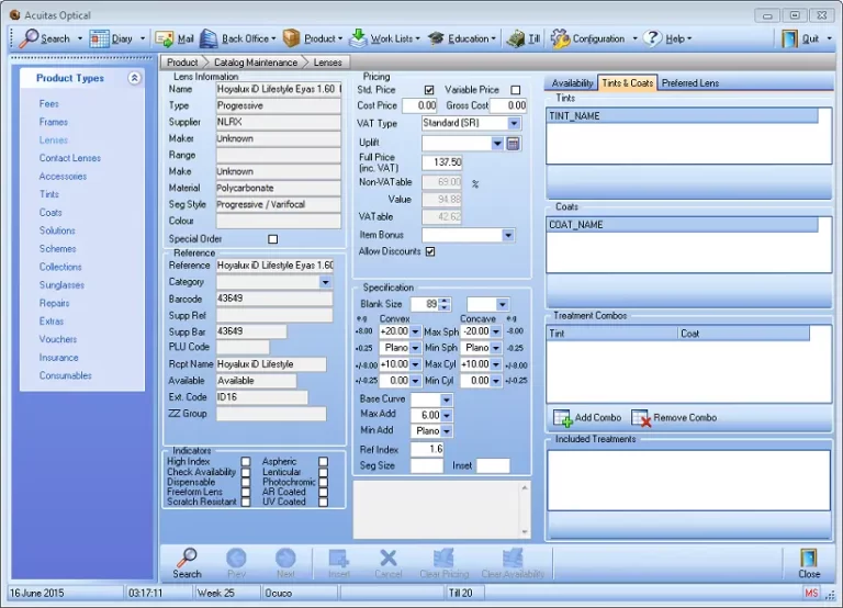 Acuitas activEHR 2.0 software optical lens and pricing details dashboard screenshot.