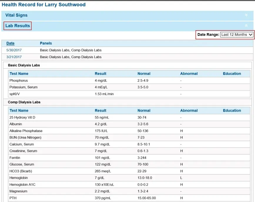 Acumen nEHR Software lab result dashboard screenshot.