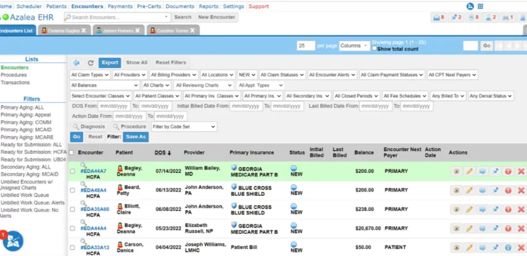Azalea EHR Software -EMR Software -encounter list dashboard screenshot