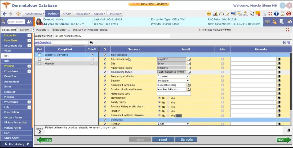 Compulink Dermatology Advanced EHR Software Patient consultation and diagnosis entry screenshot.