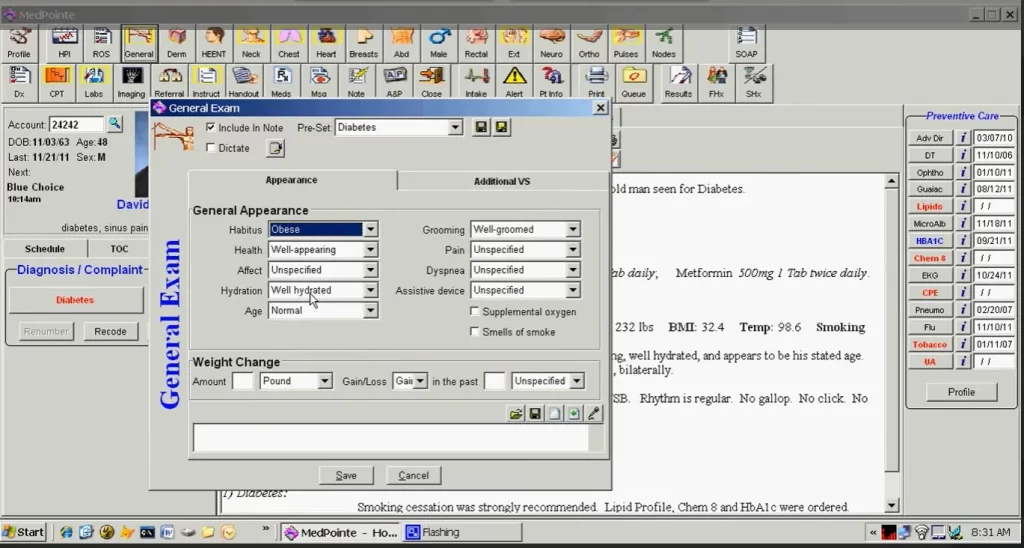 MedPointe EMR software general exam details and patient chart notes dashboard screenshot.