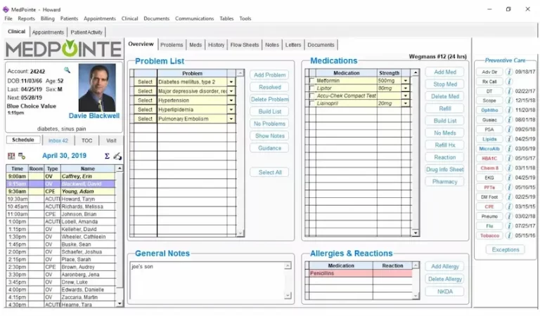 MedPointe EMR/EHR and Practice Management Software showing a scheduling demo.