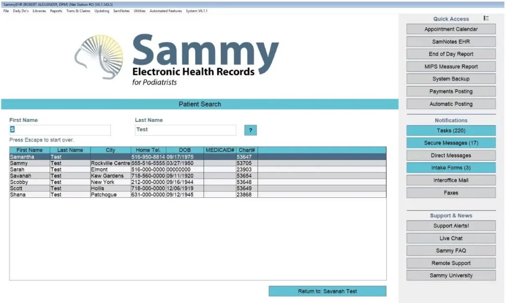 SammyEHR Software - patient portal EMR Software dashboard screenshot.