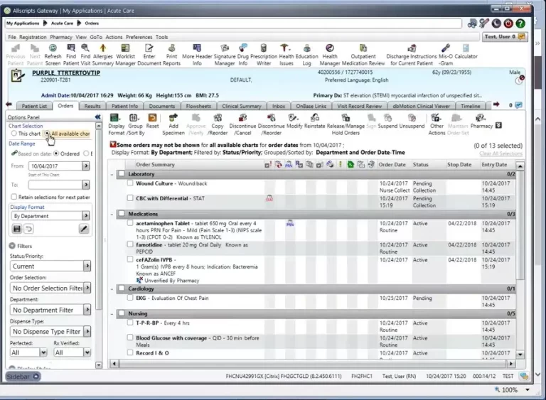 Sunrise Ambulatory Care EHR software patient chart and order management dashboard screenshot.