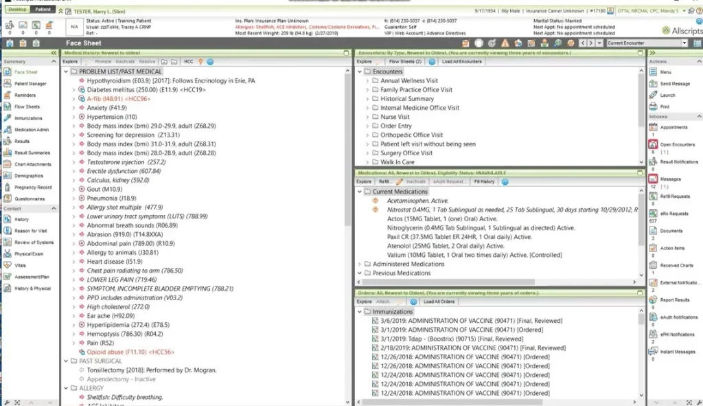 Allscripts Professional EHR software patient face sheet dashboard screenshot.