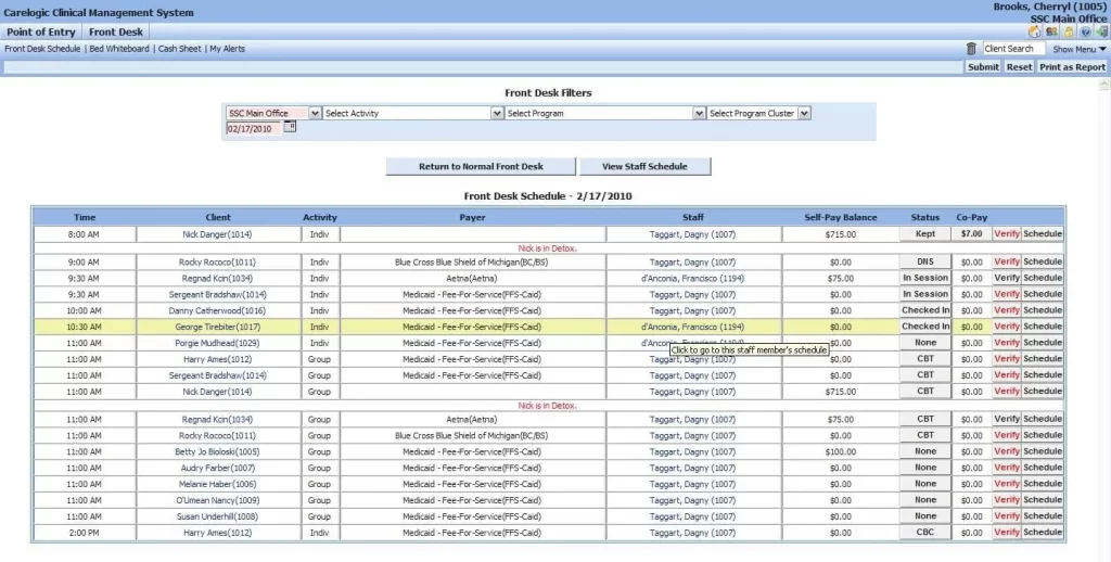 CareLogic EHR software showing client list and appointment details.