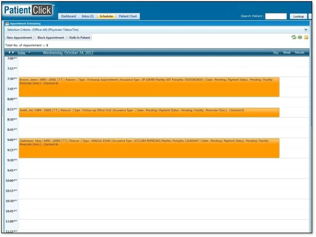PatientClick EMR Software - Appointment scheduling dashboard