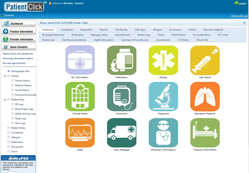 PatientClick EMR Software - EHR Software dashboard screenshot.