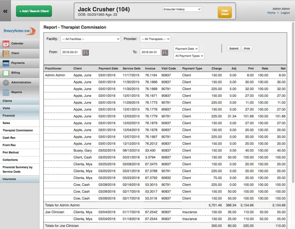 BreezyNotes EMR software showing financial report of therapist commissions and client payments.