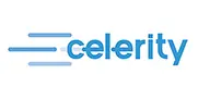 Celerity logo: blue lowercase wordmark with speed streaks to the left