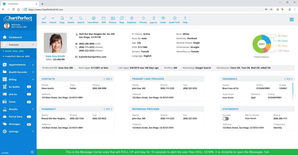 ChartPerfect EMR software showing patient profile details and balance chart dashboard screenshot.