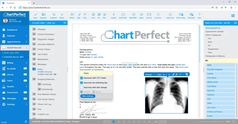 ChartPerfect EHR Software clinical documentation interface screenshot.