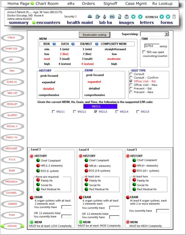 DocuTAP EMR software E/M coding and documentation dashboard screenshot.