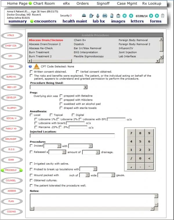 DocuTAP EMR software procedure and anesthesia details interface screenshot.