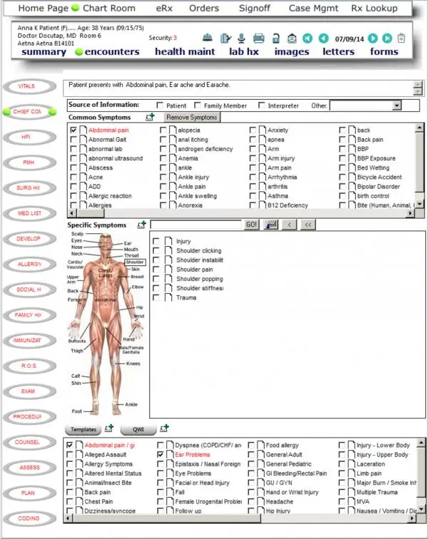 DocuTAP EMR software dashboard showing patient symptom checklist.