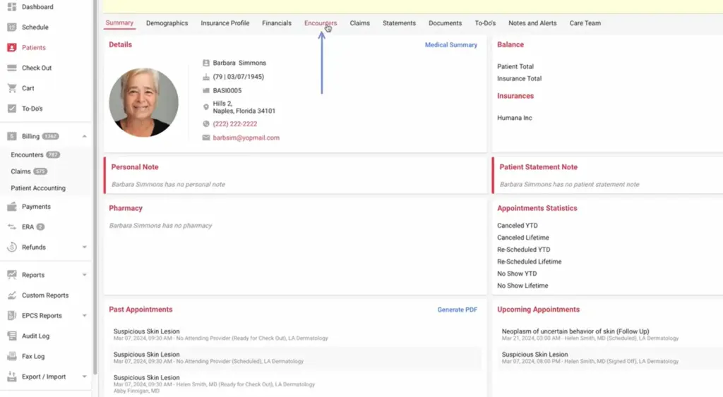 EZDERM EMR software patient dashboard