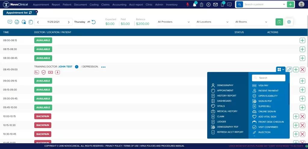 Screenshot view of NovoClinical EMR software demo showing the schedule day and calendar view.
