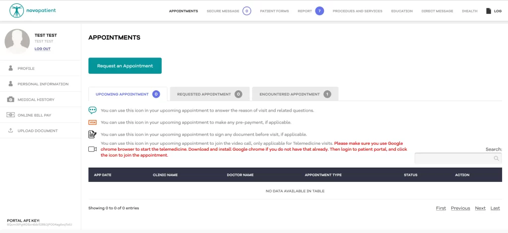 Screenshot image of NovoClinical EMR Software demo showing patient appointments.
