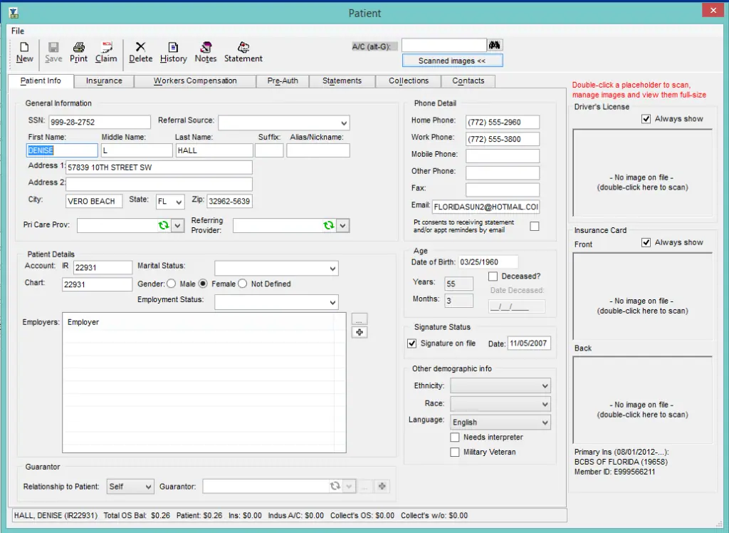 PracticeAdmin PM software patient information and insurance dashboard screenshot.