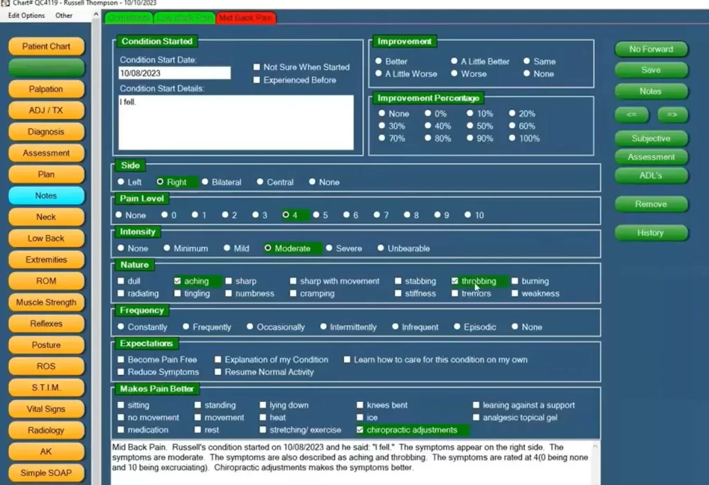 Quick charts EMR Software -chiroptic EHR software - Patient Notes Dashboard screenshot