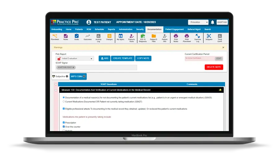 Practice Pro EMR software- compilace documentation templates dashboard screenshot.