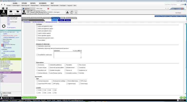 digiChart EMR software showing physical exam template with detailed exam options.