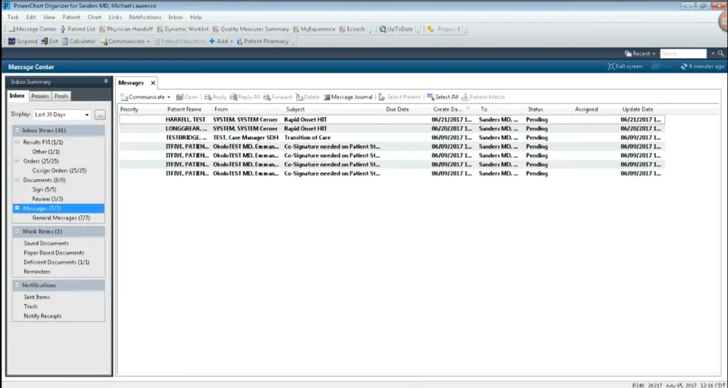 Cerner PowerWorks PM software patient communication dashboard screenshot.
