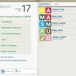 Quanum practice management software patient list and task menu dashboard screenshot.
